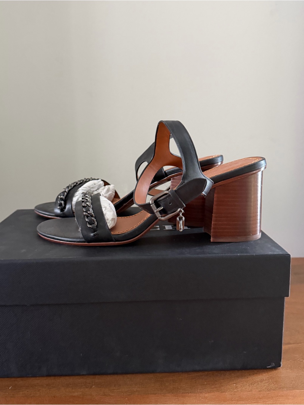 Coach Black Leather Chain-Accent Block Heel Sandals